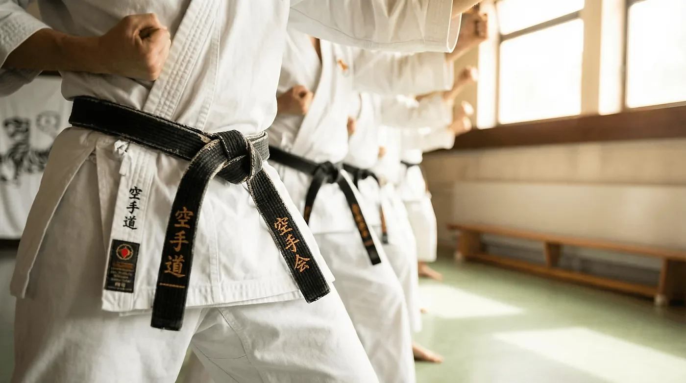 Karate-Training in Trier, Gruppe mit Gürteln