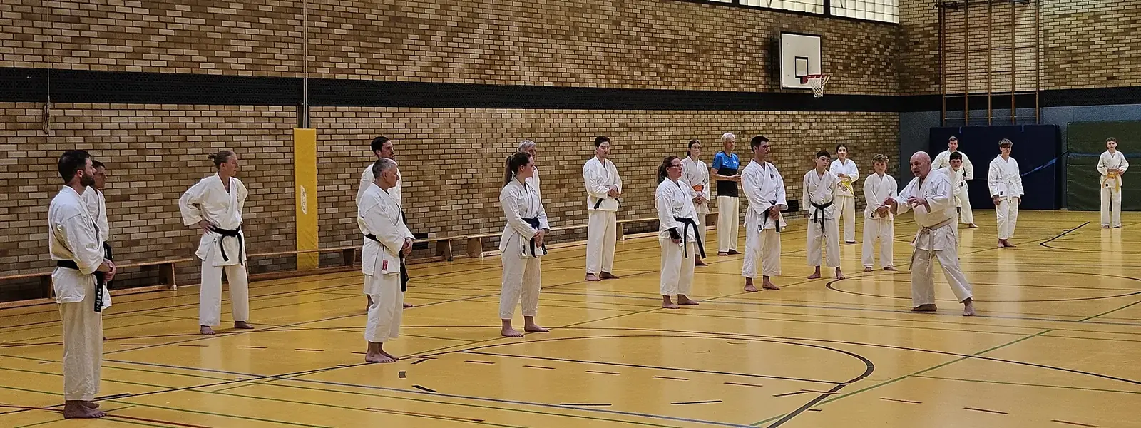 Karateka in weißen Anzügen stehen in Reihen in der Halle, ein Trainer zeigt eine Bewegung