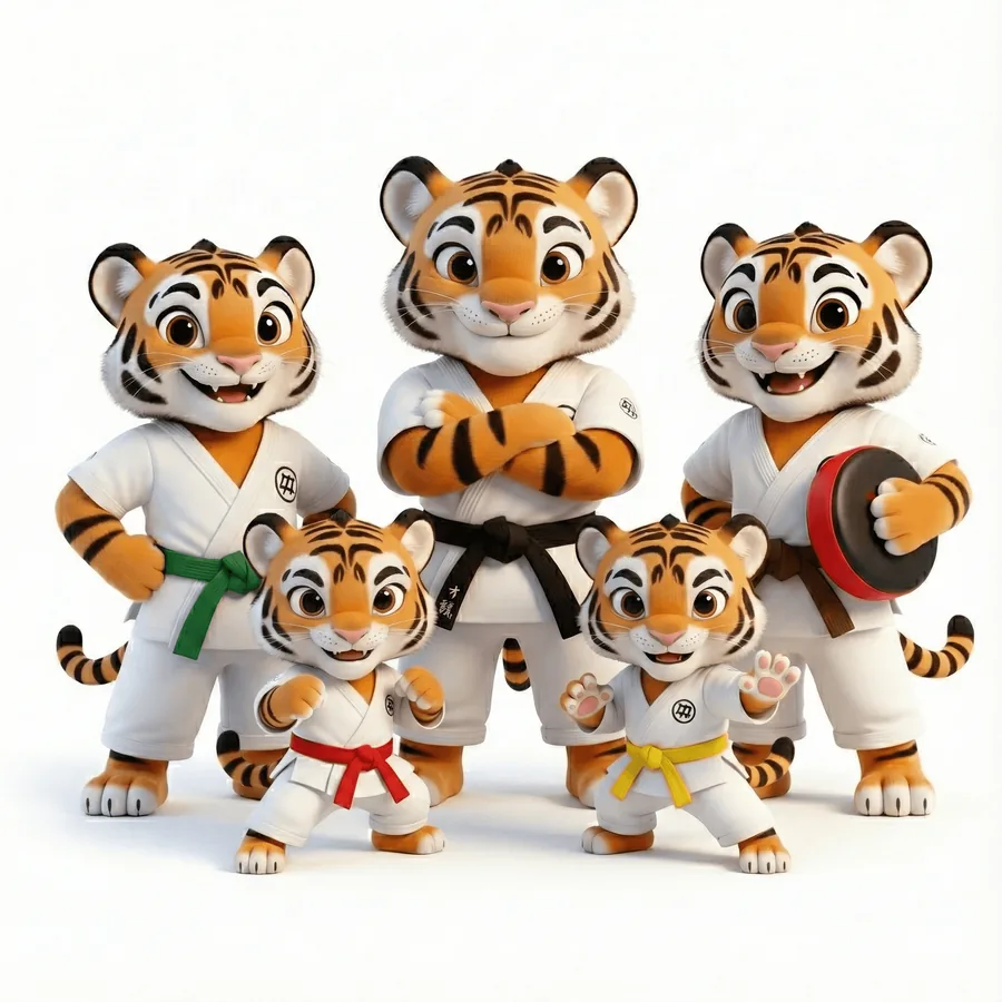 Tiger-Familie im Karate-Gi, Maskottchen des Kinderkarate