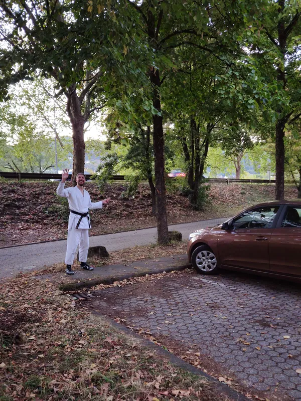 Vom Parkplatz aus Richtung höhergelegene Straße an der Mosel