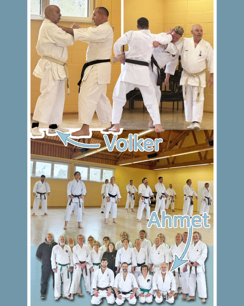 Kollage aus mehreren Bildern, die Karateka beim gemeinsamen Training in der Halle zeigen, unten ein Gruppenfoto vom Lehrgang