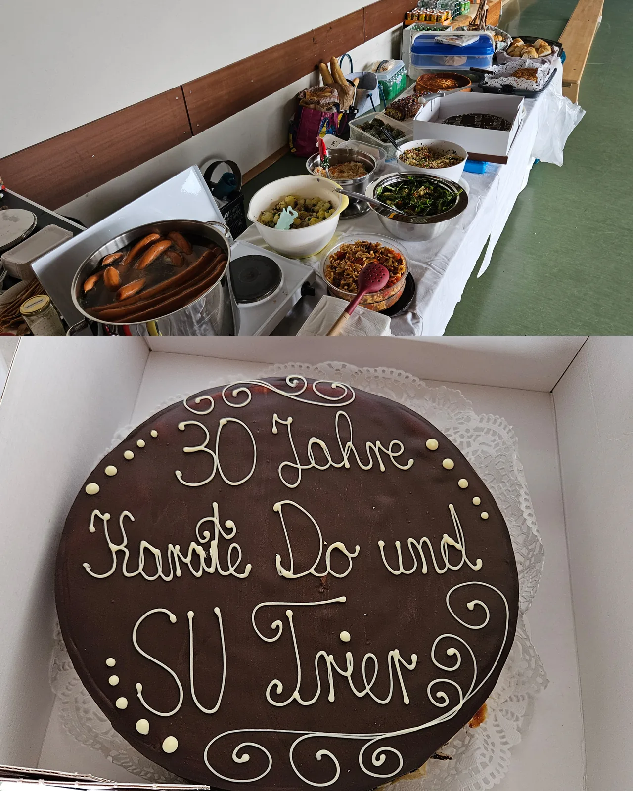 Buffet der Jubiläumsfeier und eine Schokoladentorte mit der Aufschrift 30 Jahre Karate Do und SV Trier